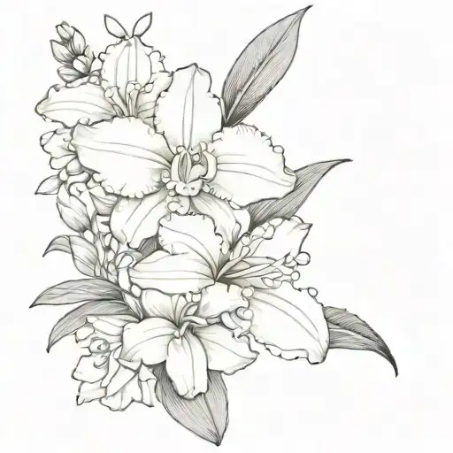 cattleya and golden wattle flowers forming tattoo design idea