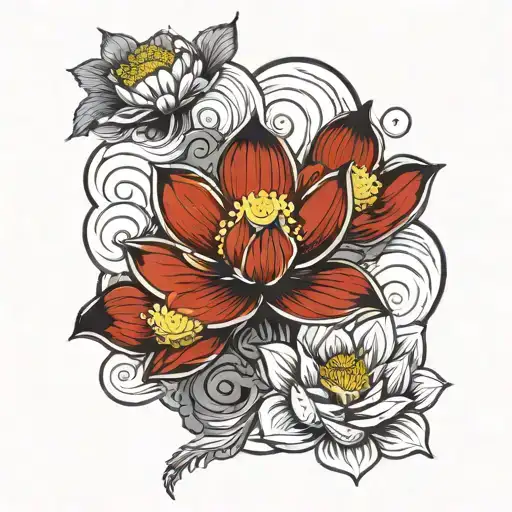 brazilian jiu jitsu - faixa preta - lotus flower - black and white tattoo with red details - japanese tattoo design idea