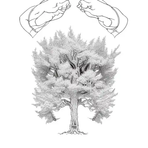 Generate a tattoo template. The main component should be a large and older tree that extends from the wrist, over the en tattoo design idea