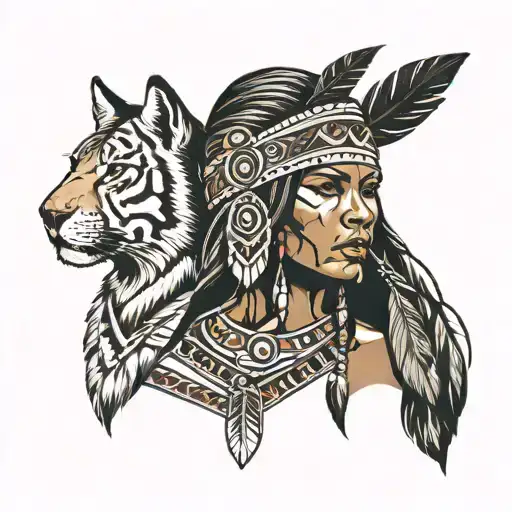 Native American female with totem tattoo design idea