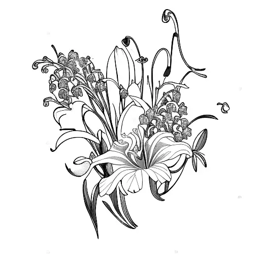 feminine lily of the valley with tiger lily and iris bouquet with very few leaves  tattoo design idea