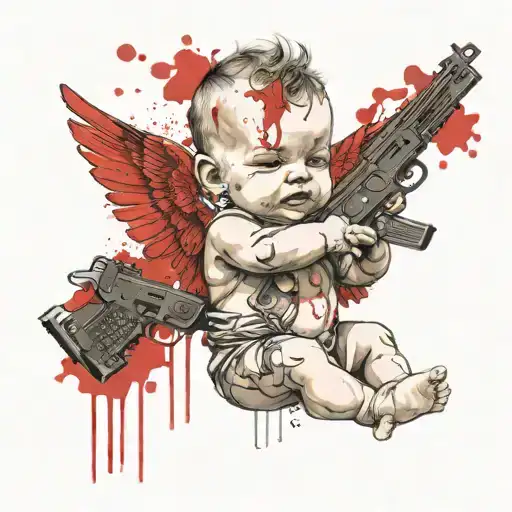 baby Cupid holding two guns tattoo design idea