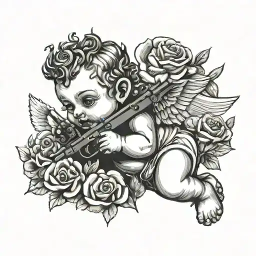 baby Cupid holding two guns tattoo design idea
