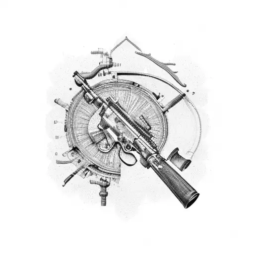 A detailed blueprint of a hunting rifle with intricate mechanical parts tattoo design idea