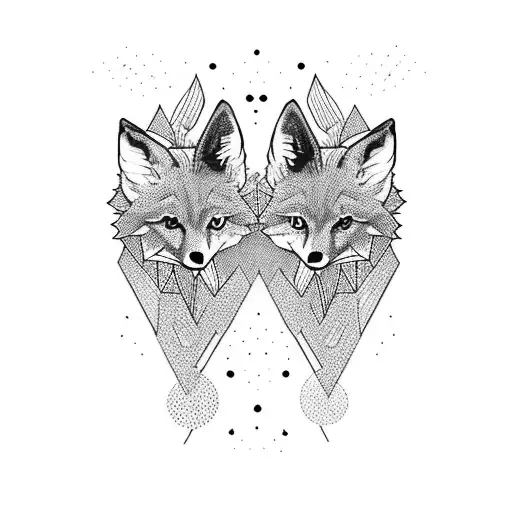Two coyotes nestled against each other, trotting down a path with two large fig trees on either side tattoo design idea