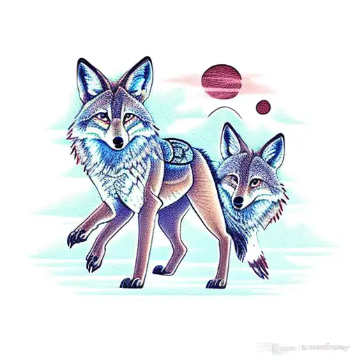 Two coyotes nestled against each other, trotting down a path with two large fig trees on either side tattoo design idea