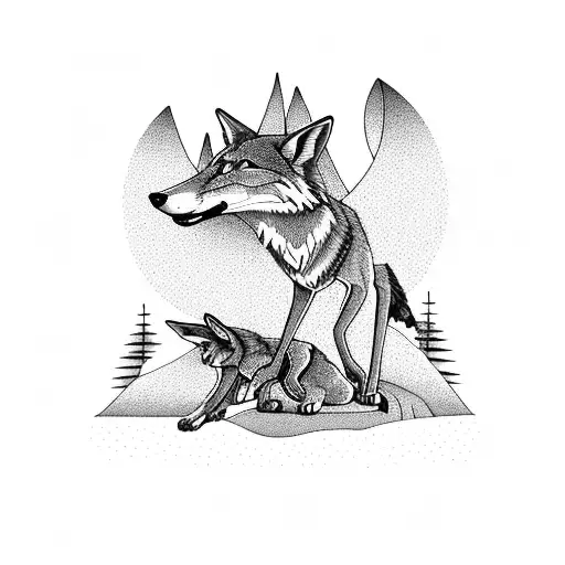 Two coyotes nestled against each other, trotting down a path with two large fig trees on either side tattoo design idea