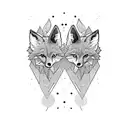 Two coyotes nestled against each other, trotting down a path with two large fig trees on either side tattoo design idea