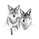 Two coyotes nestled against each other, trotting down a path with two large fig trees on either side tattoo design idea