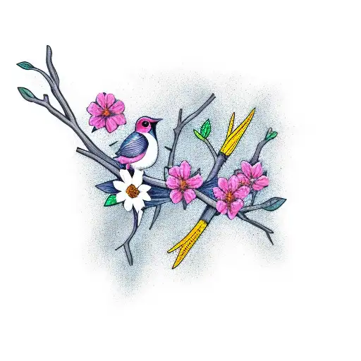 3 birds clutching a flower branch 1 flying away tattoo design idea