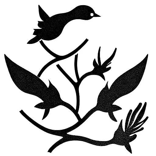 3 birds clutching a flower branch 1 flying away tattoo design idea