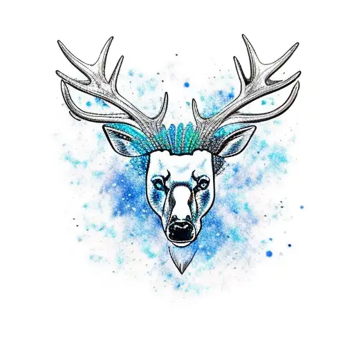 deer head with one antler going into the silhouette of a bear and the other antler into an electric blue braided river tattoo design idea