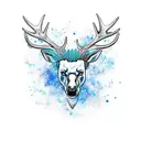 deer head with one antler going into the silhouette of a bear and the other antler into an electric blue braided river tattoo design idea