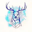deer head with one antler going into the silhouette of a bear and the other antler into an electric blue braided river tattoo design idea