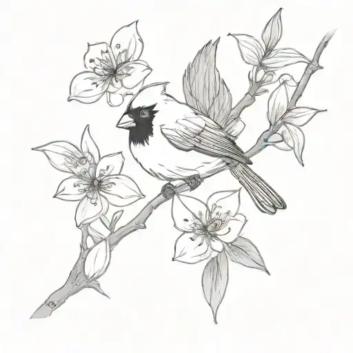 fan, almond blossoms and cardinal perched tattoo design idea