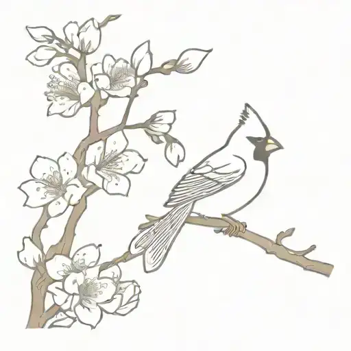 japanese  fan, almond blossoms and cardinal perched tattoo design idea