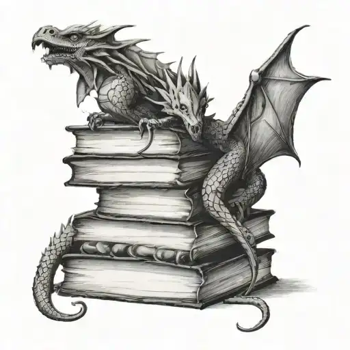 A black-grey tattoo of a stack of books with a dragon coiled around them, symbolizing the client's love for reading and fantasy tattoo design idea