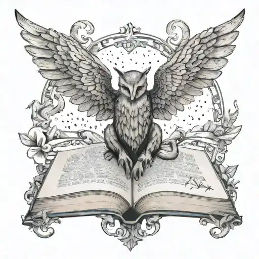 A dotwork tattoo of a mystical creature made up of various animals from fantasy novels, with an open book as its wings tattoo design idea