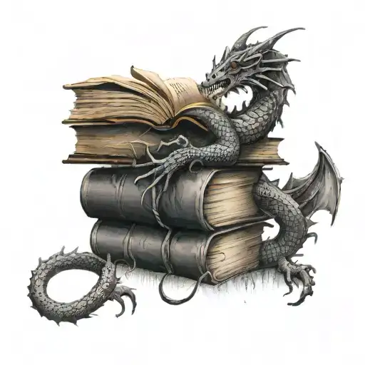 A black-grey tattoo of a stack of books with a dragon coiled around them, symbolizing the client's love for reading and fantasy tattoo design idea