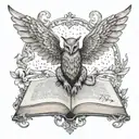 A dotwork tattoo of a mystical creature made up of various animals from fantasy novels, with an open book as its wings tattoo design idea