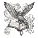 A dotwork tattoo of a mystical creature made up of various animals from fantasy novels, with an open book as its wings tattoo design idea