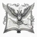 A dotwork tattoo of a mystical creature made up of various animals from fantasy novels, with an open book as its wings tattoo design idea