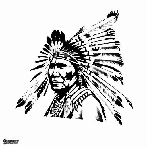 A Native American chief riding a horse in a desert sunset tattoo design idea