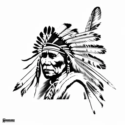 A Native American chief riding a horse in a desert sunset tattoo design idea