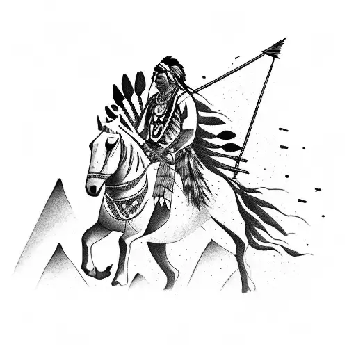 A Native American chief riding a horse in a desert sunset tattoo design idea