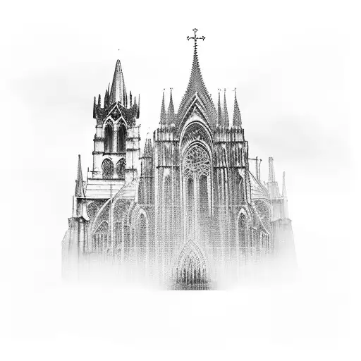 A gothic cathedral with musical notes floating around it, symbolizing your love for music and architecture tattoo design idea