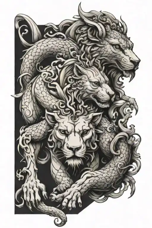 An intricate sleeve tattoo depicting various Greek mythological creatures like the Chimera, Cerberus, and Medusa tattoo design idea