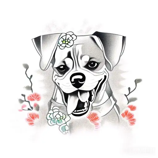 a beagle laughing wearing a kimono with flowers around  tattoo design idea