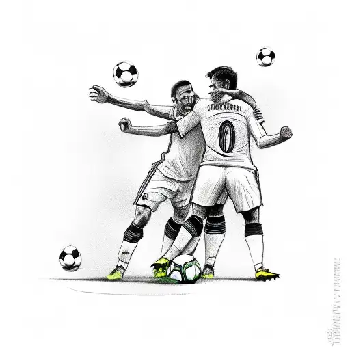 A sketch of two soccer players, one wearing an Argentine jersey and the other wearing a Spanish jersey, hugging each other with a dog playing with a ball in the background tattoo design idea