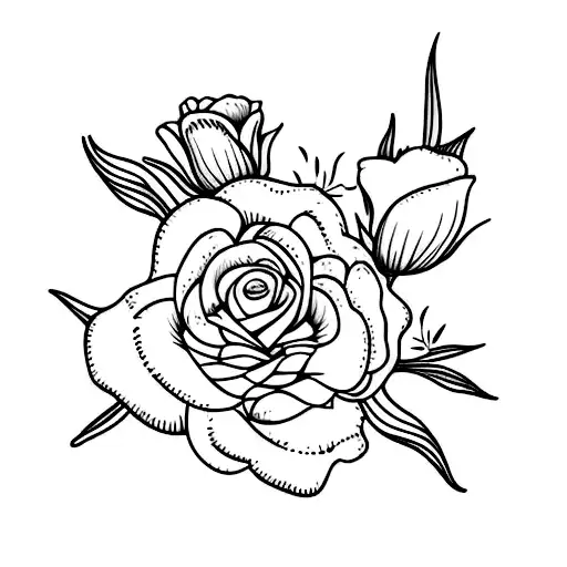 ramo de flores con una rosa, un tulipán, un girasol y una margarita  tattoo design idea