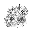 ramo de flores con una rosa, un tulipán, un girasol y una margarita  tattoo design idea