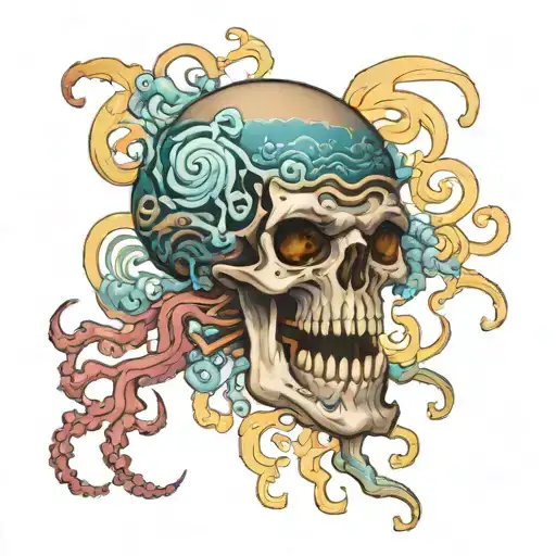 jellyfish made of lightning and clouds with dragon wrapped around with a skull in mouth tattoo design idea