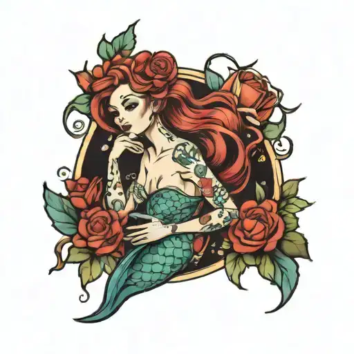 mermaid and crab surrounded by roses tattoo design idea