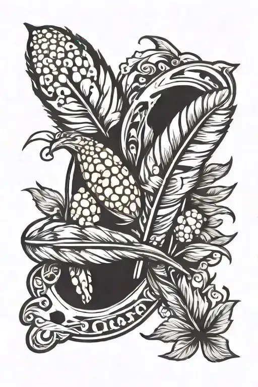 hawk feather, horse shoe, popcorn, acorn tattoo design idea