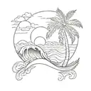 ocean waves with a palm tree and sun rising tattoo design idea