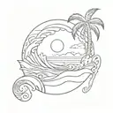 ocean waves with a palm tree and sun rising tattoo design idea