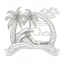 ocean waves with a palm tree and sun rising tattoo design idea