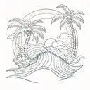 ocean waves with a palm tree and sun rising tattoo design idea