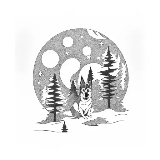 A moonlit forest with corgis sitting at the base of each tree, howling at the moon tattoo design idea