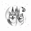 A moonlit forest with corgis sitting at the base of each tree, howling at the moon tattoo design idea