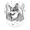 A moonlit forest with corgis sitting at the base of each tree, howling at the moon tattoo design idea