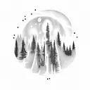 A moonlit forest with corgis sitting at the base of each tree, howling at the moon tattoo design idea