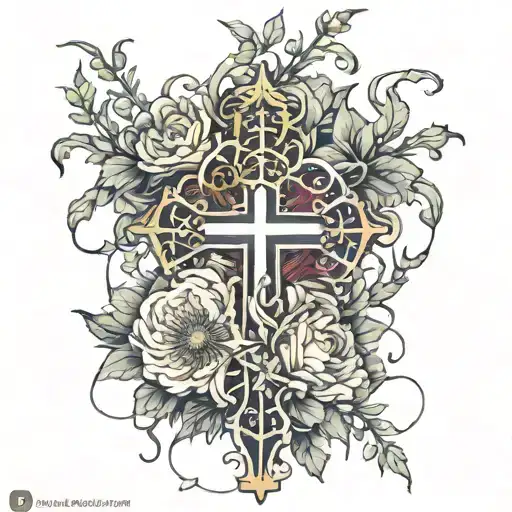 flowers, thorny vines, christian cross, all as a sleeve  tattoo design idea