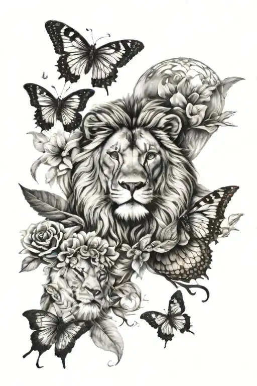 lion, butterfly and wings tattoo design idea