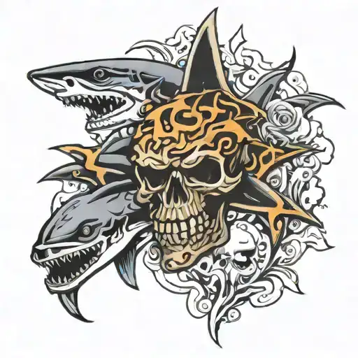 fire skulls and sharks tattoo design idea