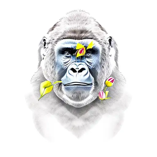Gorilla, Turtle and Tulips crown tattoo design idea